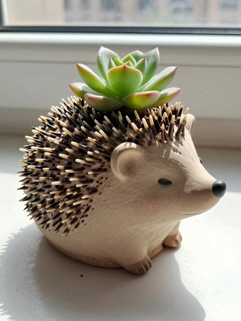 Ceramic hedgehog figurine with a succulent planted in the hollowed back among its spines, placed on a windowsill.