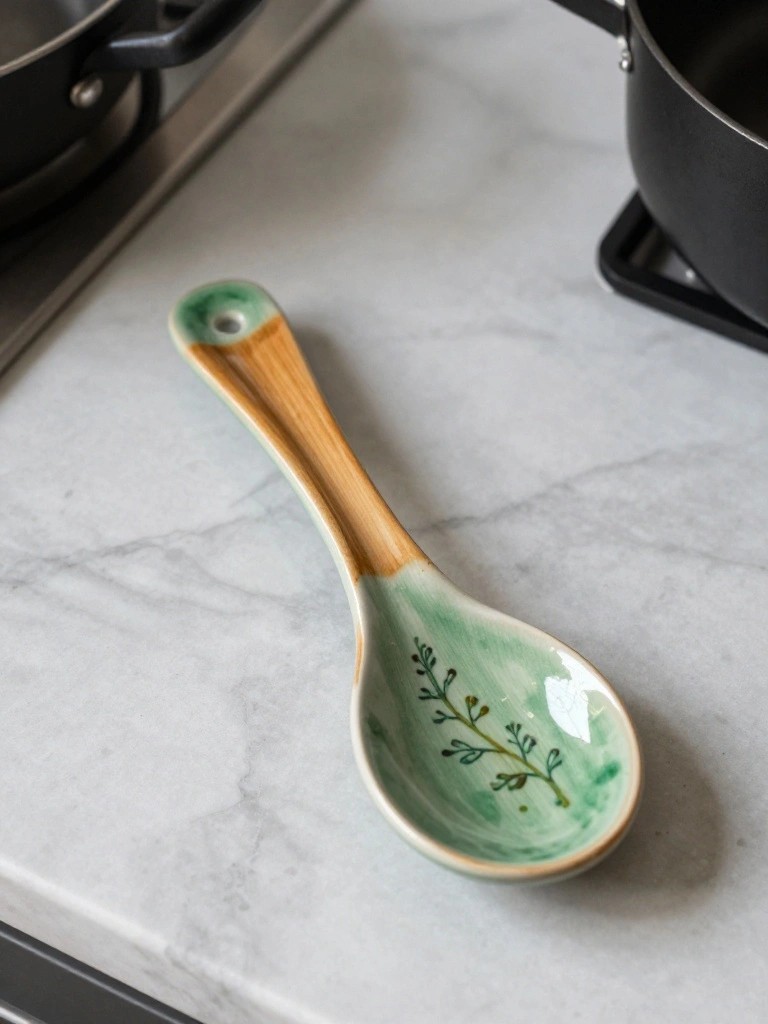 Green ceramic spoon with hand-painted leaf designs and a wooden handle rests on a marble countertop near black pots on a stove.