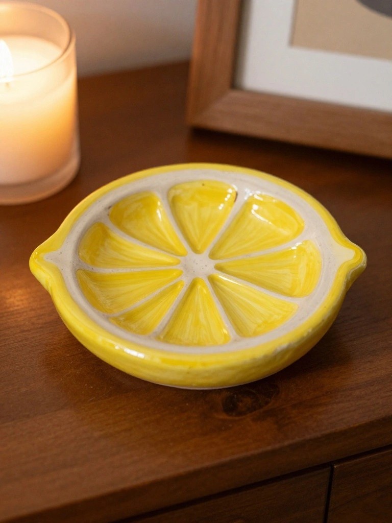 A yellow ceramic dish shaped like a sliced lemon with white edges and segmented wedges on a wooden surface.