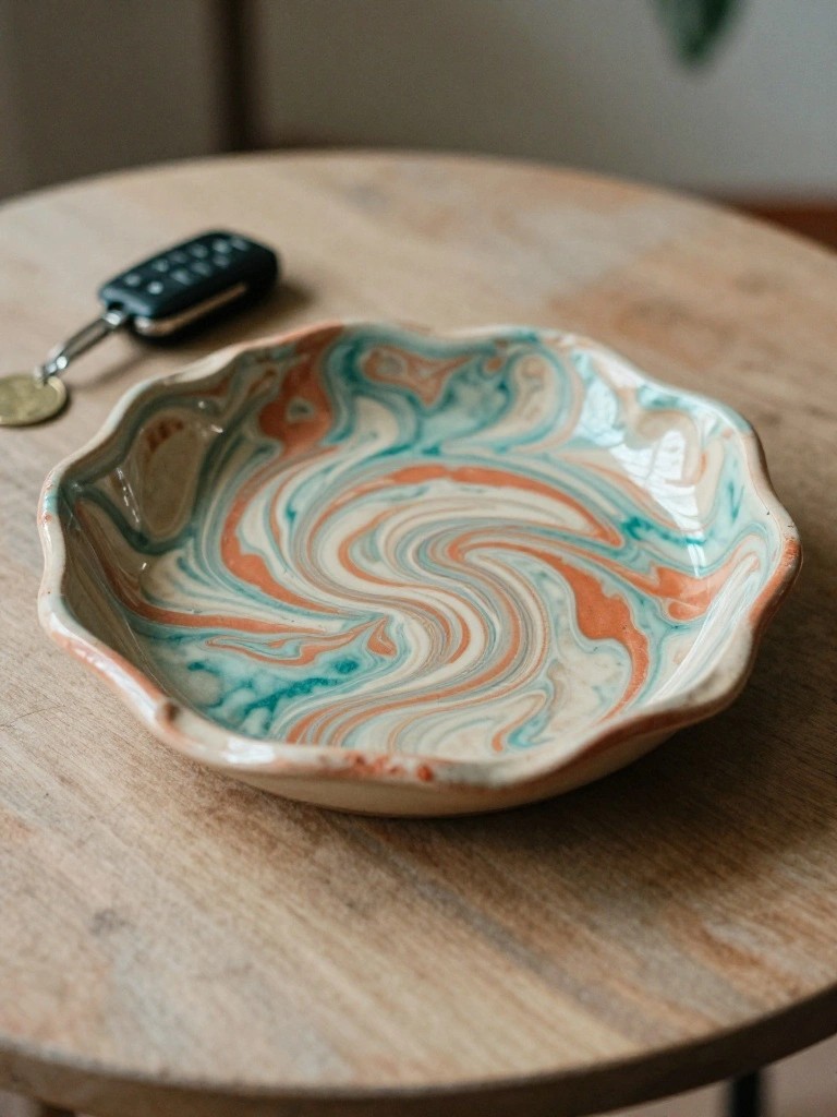 A shallow handmade ceramic dish with swirled marbled glaze in teal, orange, pink, and cream sits on a wooden table next to a key fob.
