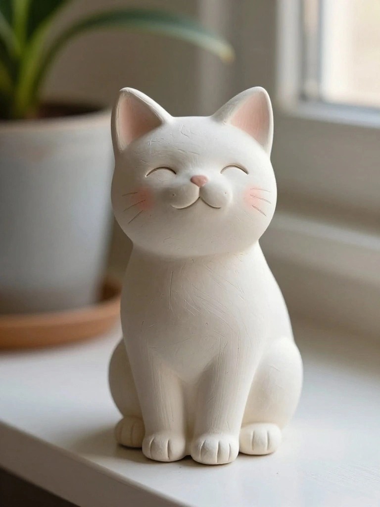 A small white ceramic cat figurine with a smiling face sits on a windowsill next to potted plants.