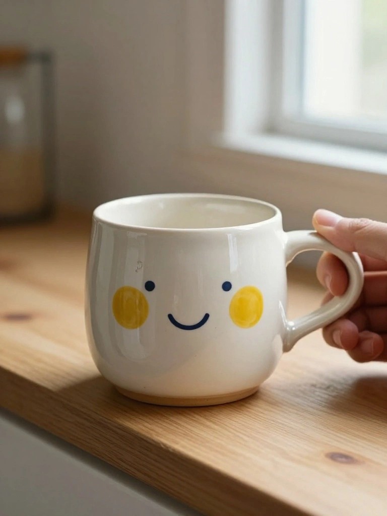 White ceramic mug with navy blue smiley face and yellow cheek circles on a wooden surface, held by a hand.