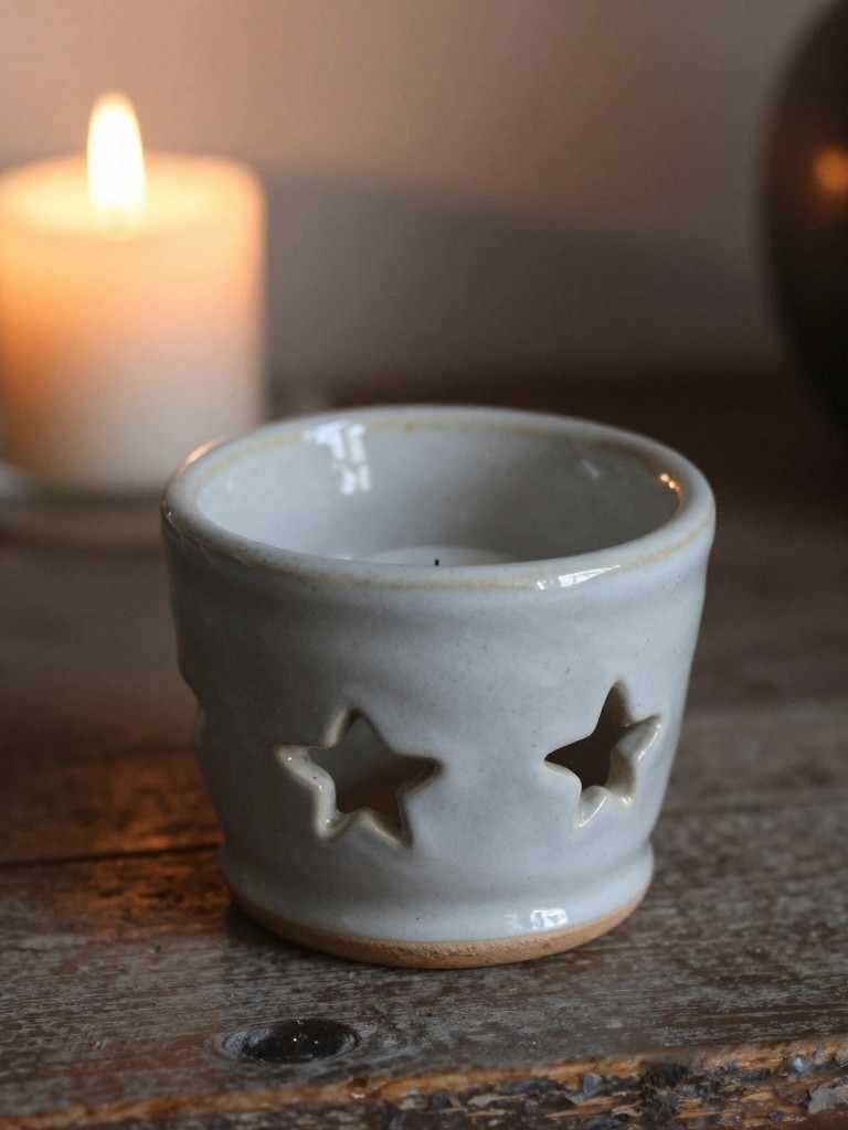 A small creamy white ceramic mug-shaped holder with star cutouts around the sides contains a lit white candle, placed on a wooden surface next to a plain lit candle.