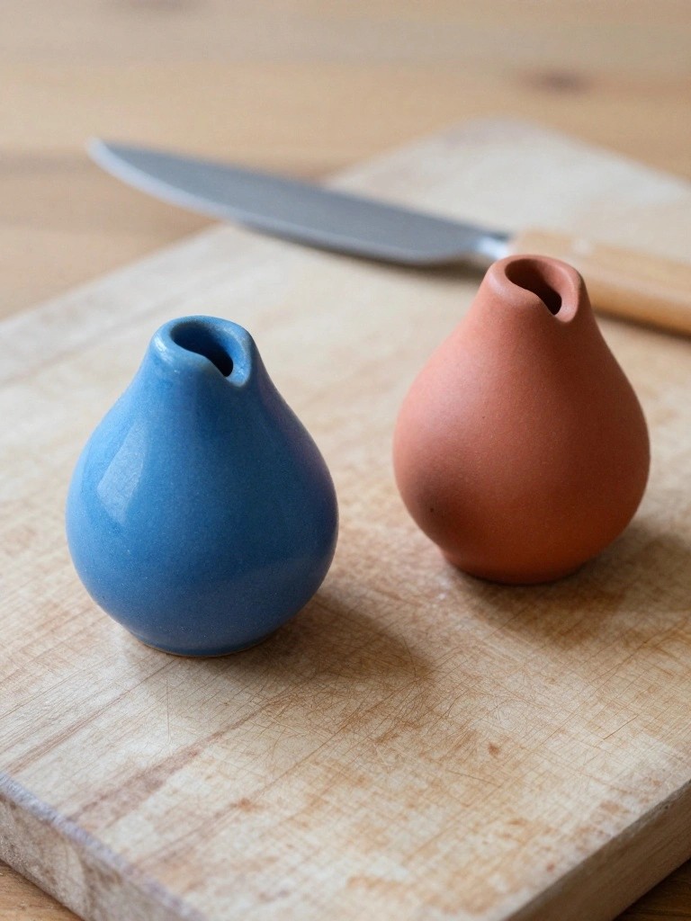 Two small handmade ceramic pourers shaped like teardrops with spouts, one blue-glazed and one terracotta, on a wooden cutting board next to a knife.