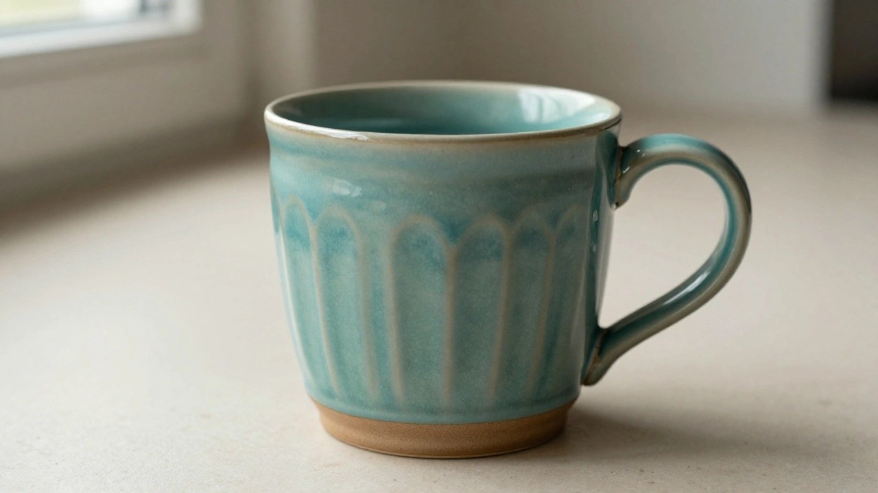 A handmade teal ceramic mug with vertical ribbed fluting and a curved handle sits on a white surface by a window.