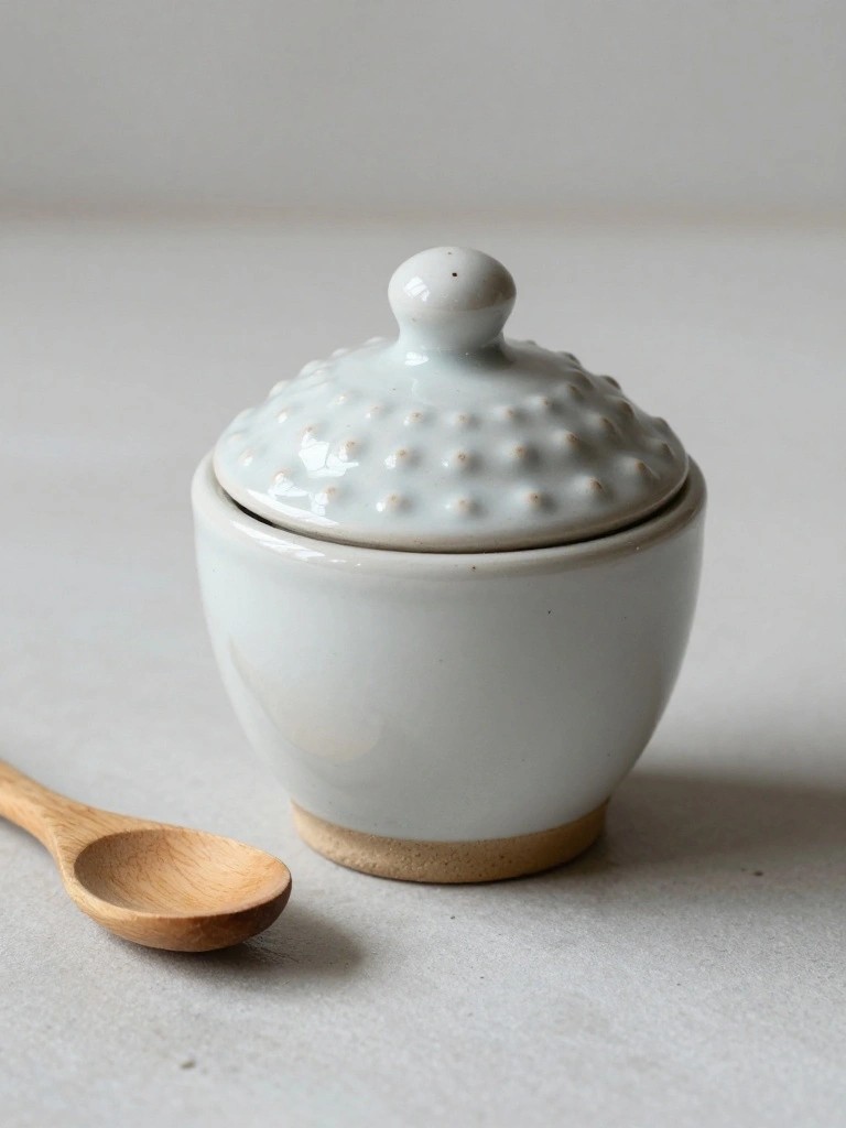 Small white ceramic lidded jar with raised dots on the lid, smooth body, footed base, and wooden spoon next to it on a white surface.