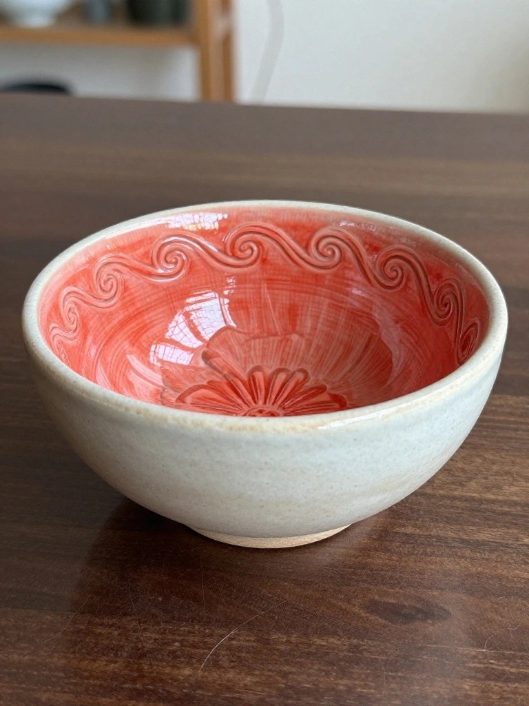 Small handmade ceramic bowl with matte white exterior and glossy red interior featuring white carved swirling patterns around the rim and central rosette design on a wooden table.