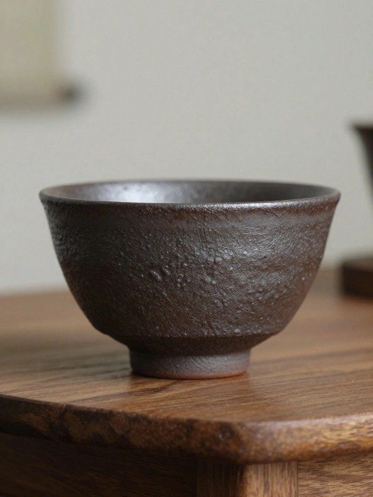 A dark brown handmade ceramic bowl with rough craggy texture on a wooden table.