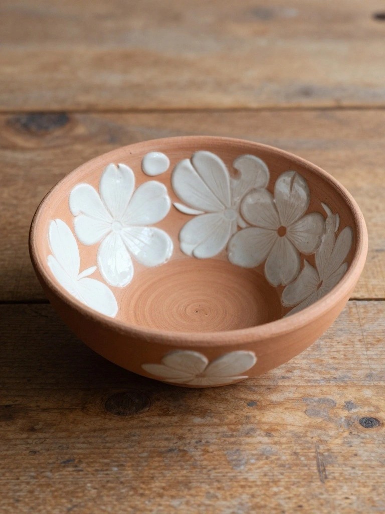 A shallow terracotta bowl with white raised flower sculptures around the exterior sits on a wooden table.