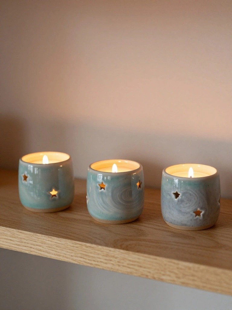Three small marbled teal ceramic tea light holders with star cutouts sit lit on a wooden shelf.