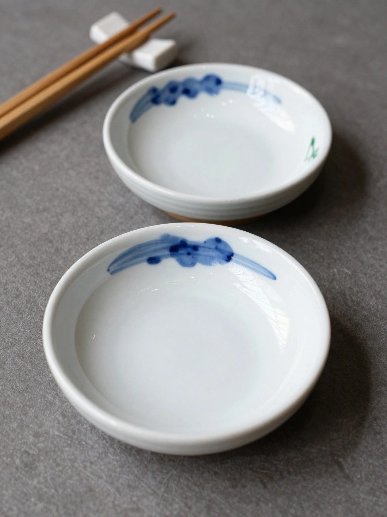 Two small white porcelain bowls with hand-painted blue hydrangea clusters and one green leaf, chopsticks nearby on a gray surface.