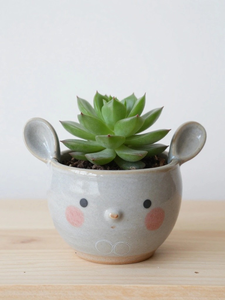 A small gray ceramic pot shaped like a mouse with ears, black dot eyes, pink cheeks, and a green succulent planted inside sits on a wooden surface.