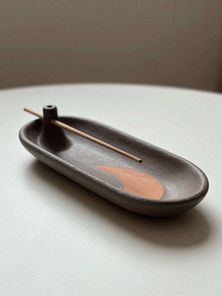 Dark gray oval ceramic tray incense holder with orange half-moon design and incense stick inserted in a hole.