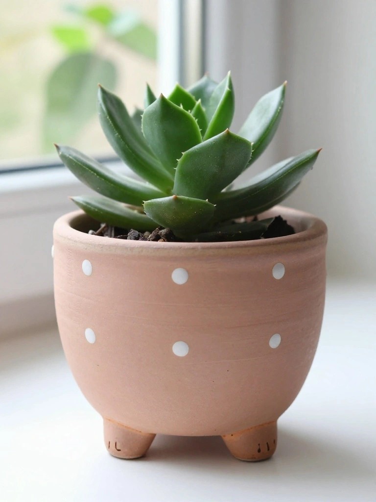 A small terracotta ceramic planter decorated with white polka dots and supported on four tiny feet holds a green succulent plant near a window.