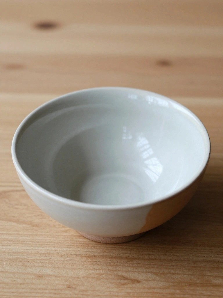A smooth white ceramic bowl with glossy glaze sits empty on a wooden table.