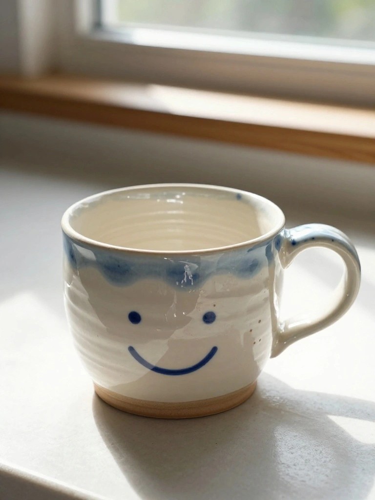 A white handmade ceramic mug with blue smiley face, blue rim, and blue handle sits on a white surface near a window.