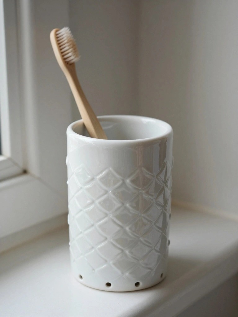 White ceramic cylindrical toothbrush holder with diamond texture and drainage holes contains a bamboo toothbrush on a windowsill.