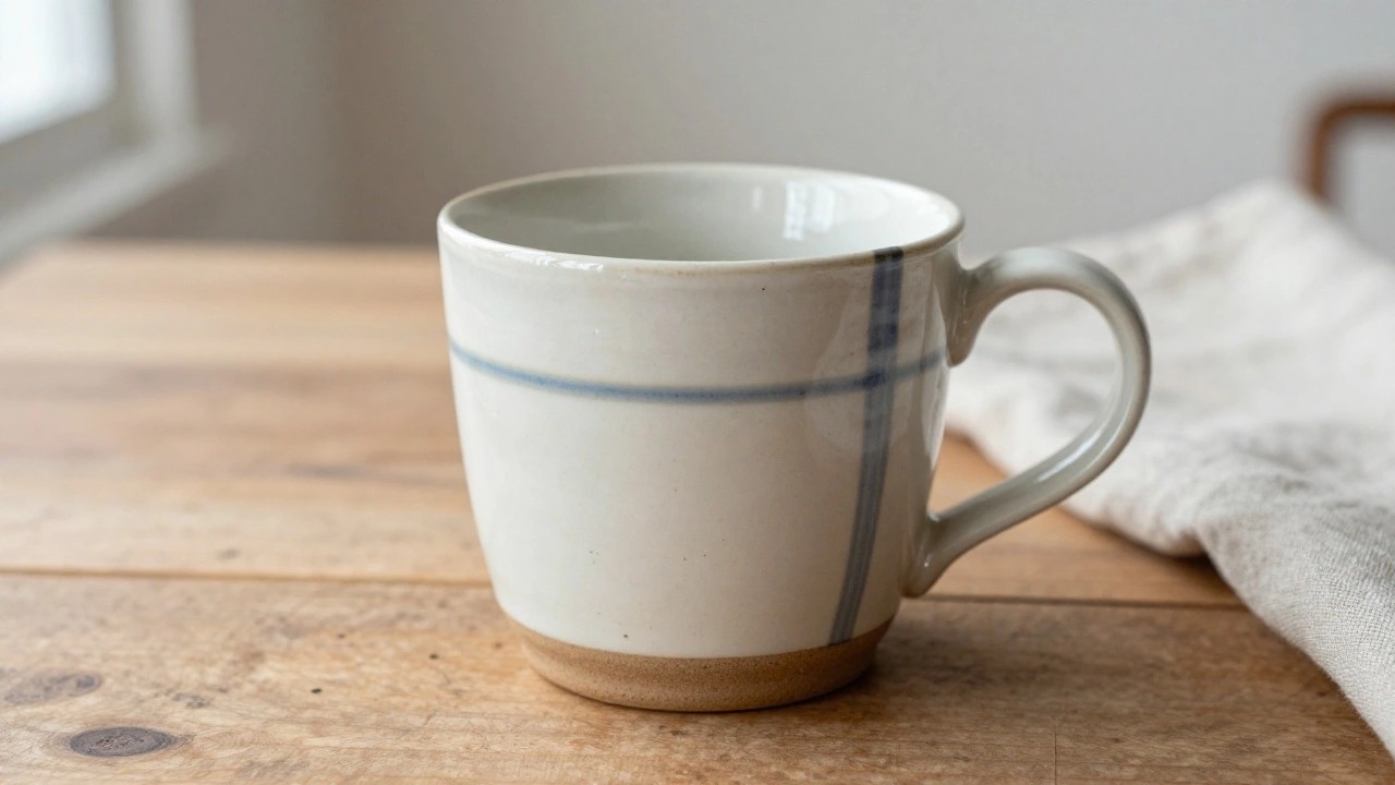 A handmade white ceramic mug with thin vertical blue stripes and a handle sits on a wooden table beside a folded white napkin.
