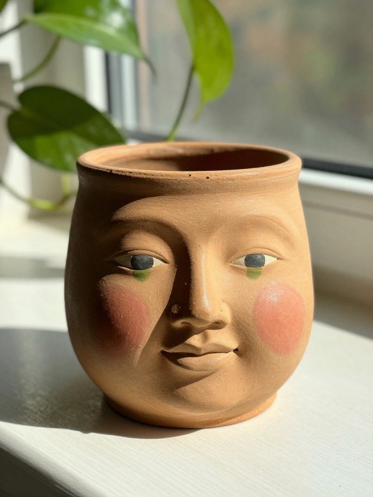 A terracotta ceramic pot sculpted as a smooth face with green eyes, pink blush on cheeks, and a slight smile, placed on a windowsill.