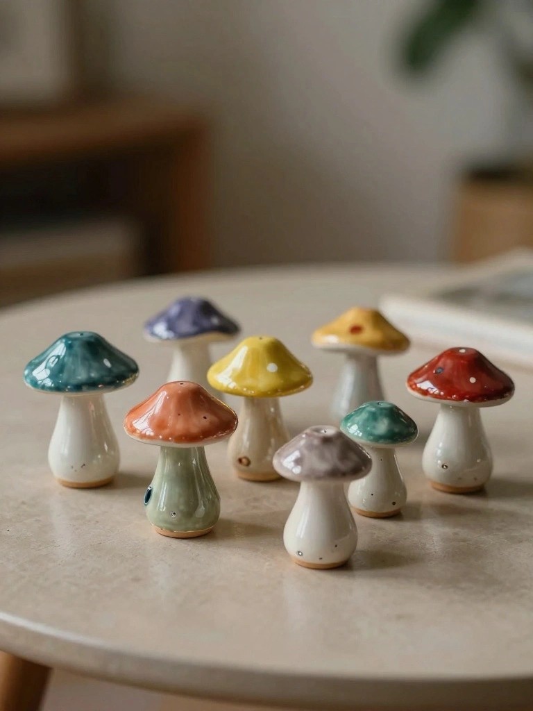 A cluster of small colorful ceramic mushrooms with white stems and glazed caps in shades of teal, purple, yellow, orange, red, and green on a wooden table.