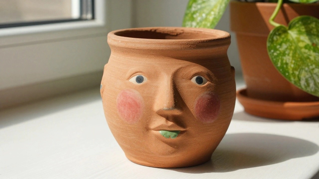 A terracotta ceramic pot sculpted as a smooth face with green eyes, pink blush on cheeks, and a slight smile, placed on a windowsill.