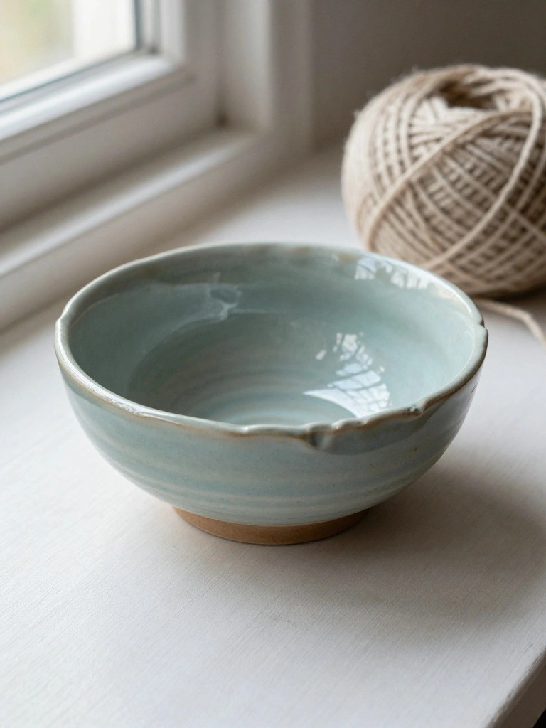 A small handmade teal ceramic bowl with swirled glaze sits on a windowsill next to a ball of beige yarn.