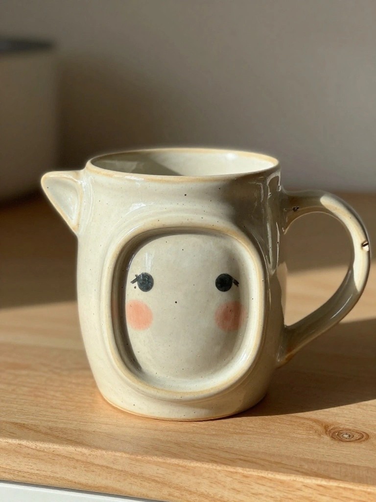 A creamy white ceramic mug with a square-framed face featuring black dot eyes, pink blush cheeks, spout, and handle sits on a wooden table.