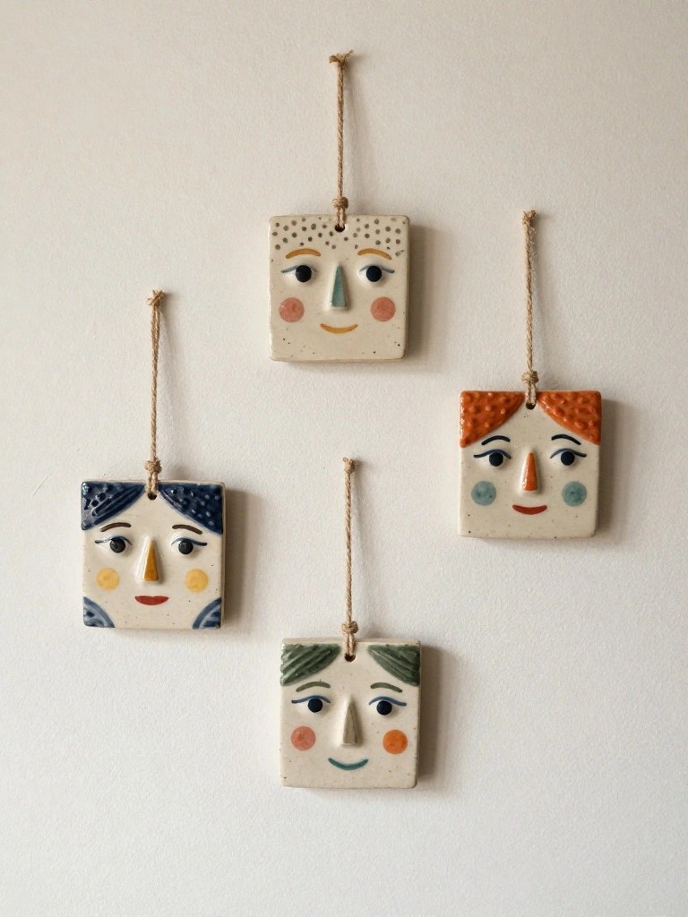 Four square handmade ceramic tiles featuring stylized painted faces in various colors hang from strings on a white background.