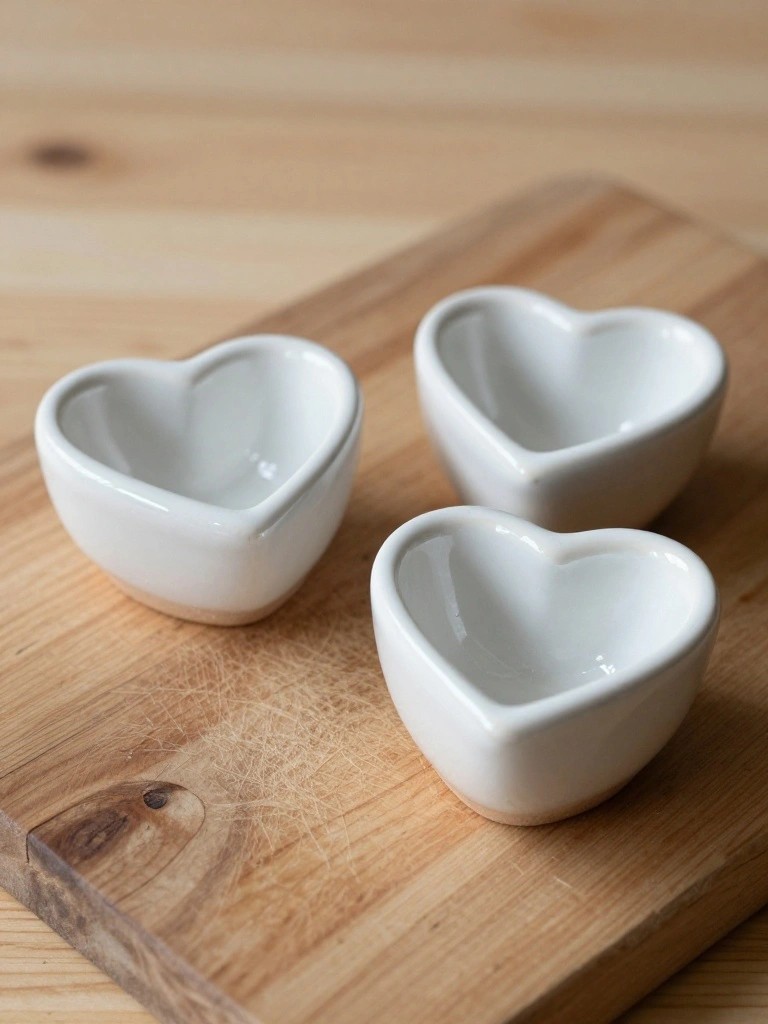 Three small white heart-shaped ceramic bowls arranged on a wooden cutting board.