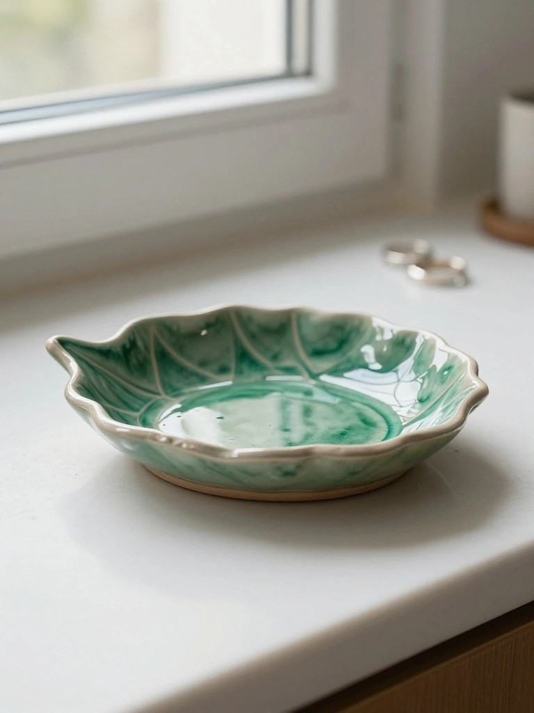Green ceramic dish shaped like a leaf with raised veins and scalloped edges on a windowsill next to two rings.