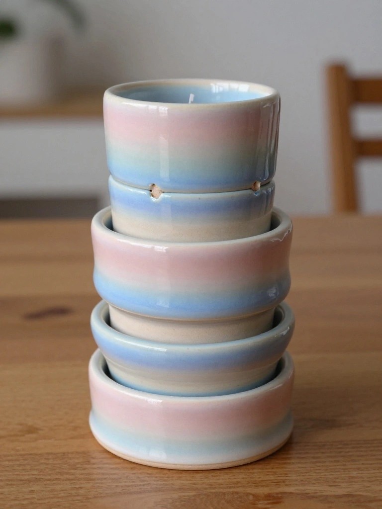 Stack of four small handmade ceramic bowls with pink-to-blue ombre glaze and holes in some pieces on a wooden table.