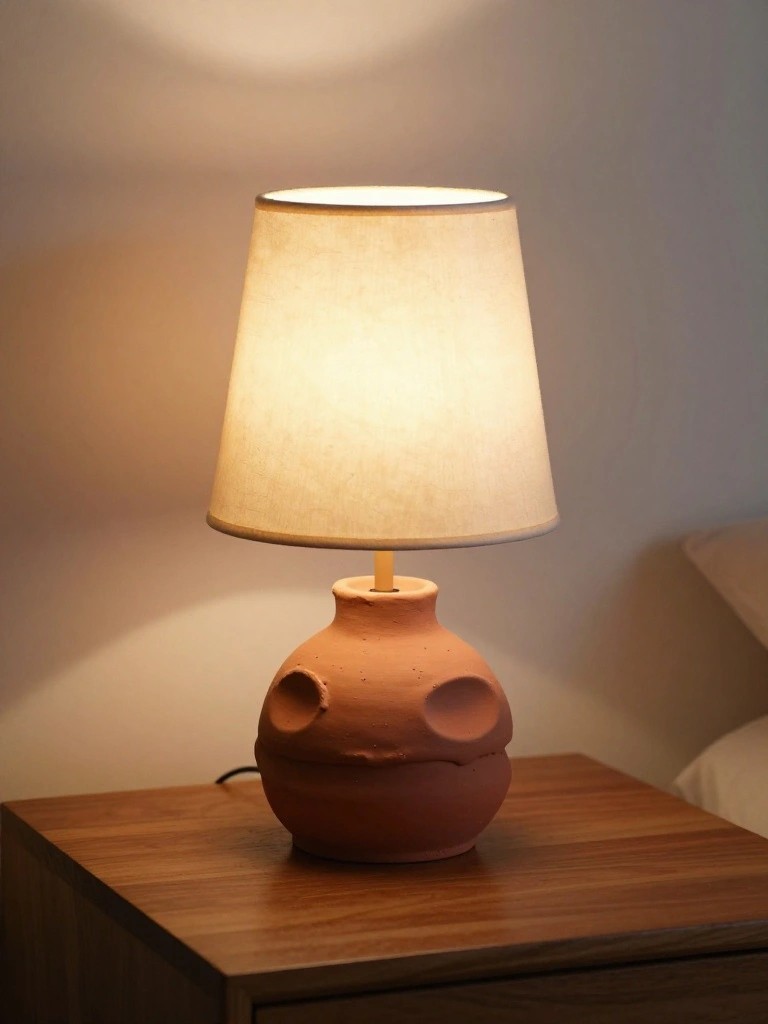 Terracotta ceramic lamp base with two pinched side bumps on a wooden nightstand, topped with a white fabric shade.