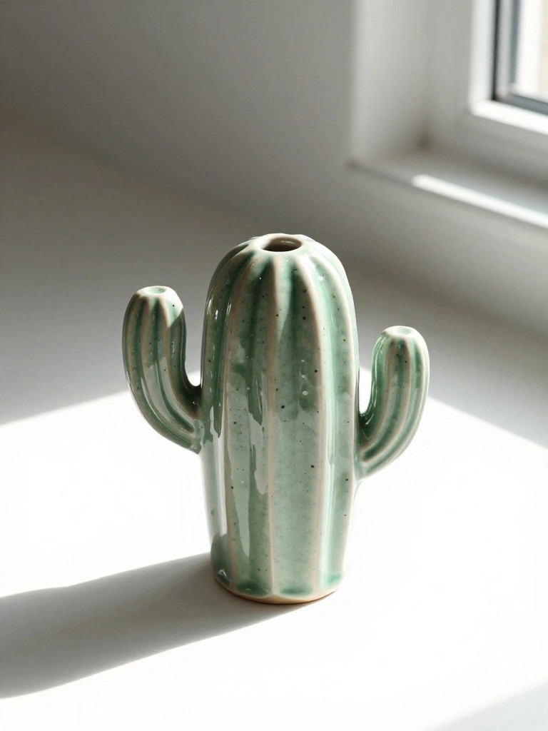 A small handmade green ceramic cactus sculpture with a vase opening on top, ridged texture, and two arms, sitting on a white surface by a window.