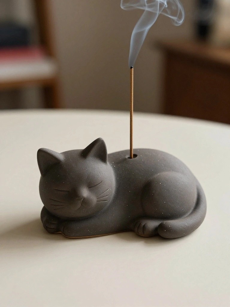 Gray ceramic cat figurine lying down on a white table with an incense stick inserted in its back and smoke rising.