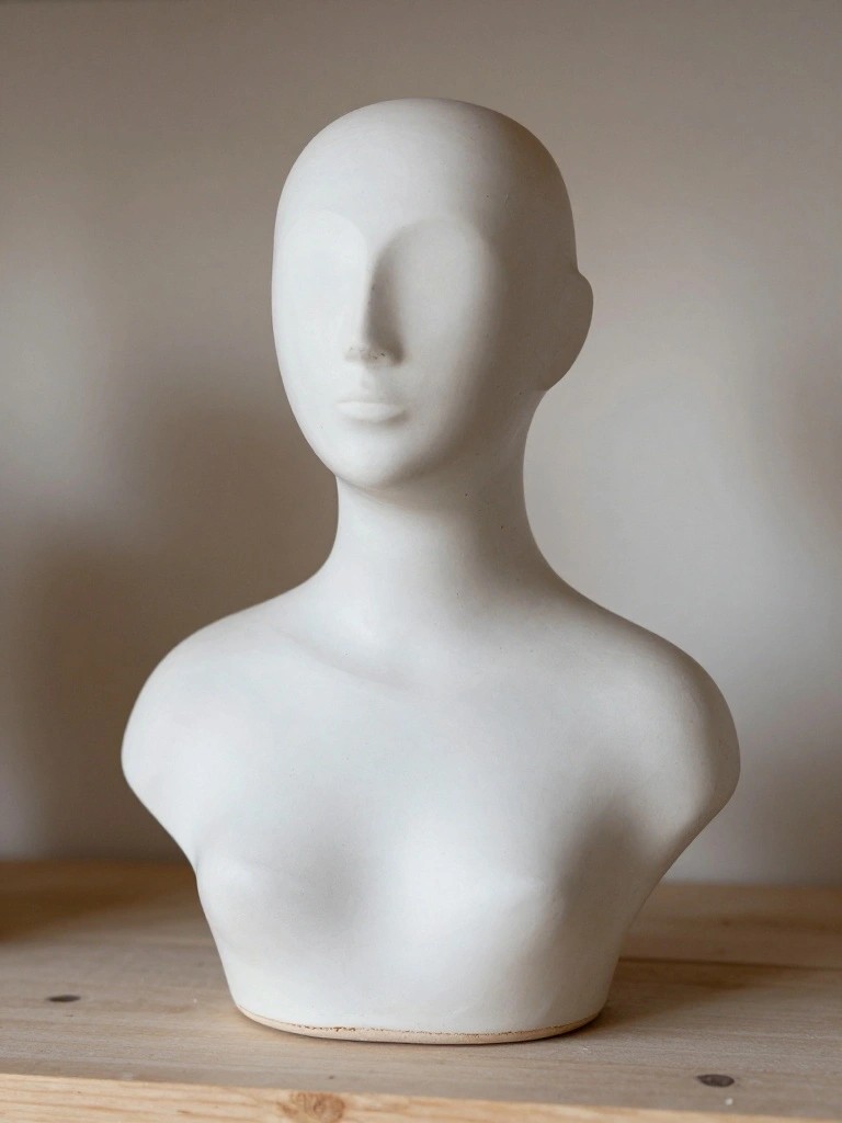 Smooth white ceramic bust of a featureless female head and shoulders on a wooden surface.