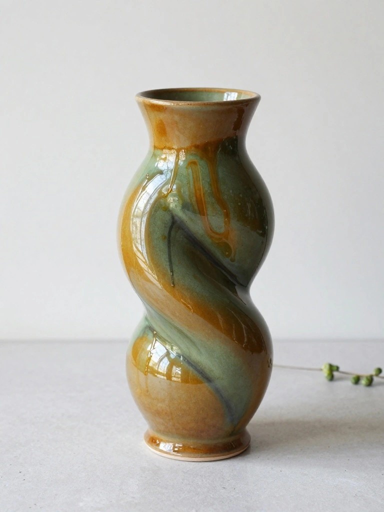 A tall handmade ceramic vase with a twisted hourglass shape and green-amber swirled glazes sits on a light surface next to small green leaves.