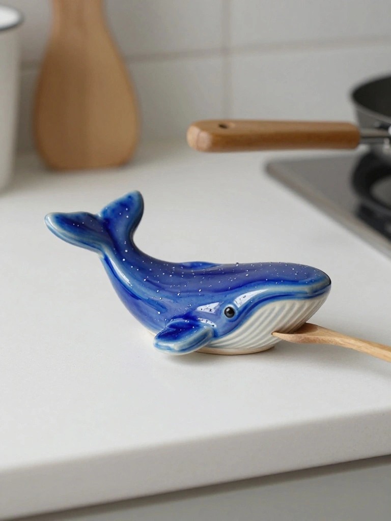 Blue ceramic whale figurine on a kitchen counter holding a wooden spoon across its body.