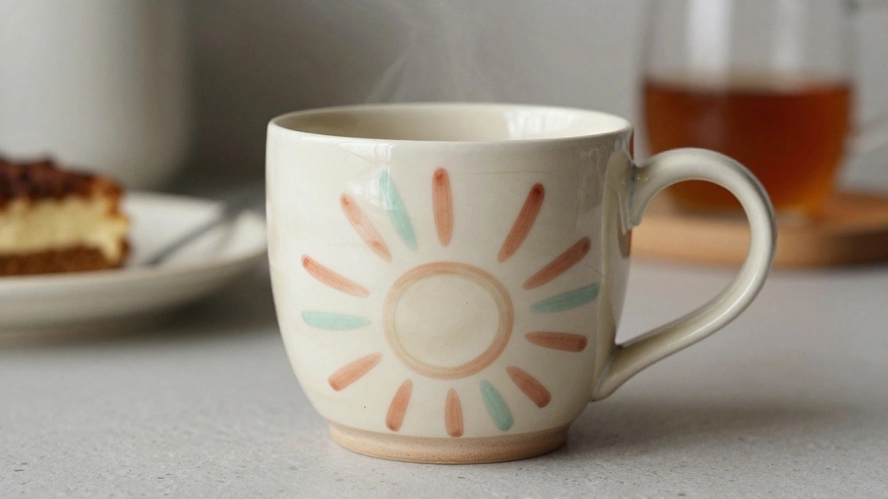 A white ceramic mug with an orange painted sun motif sits on a kitchen counter with steam rising from hot liquid inside.
