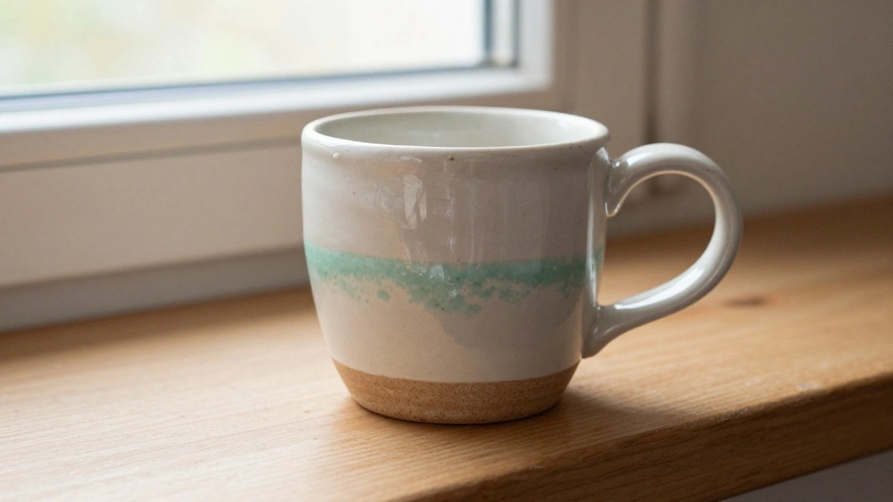 A white handmade pottery mug with a glossy teal stripe around the middle sits on a wooden windowsill.