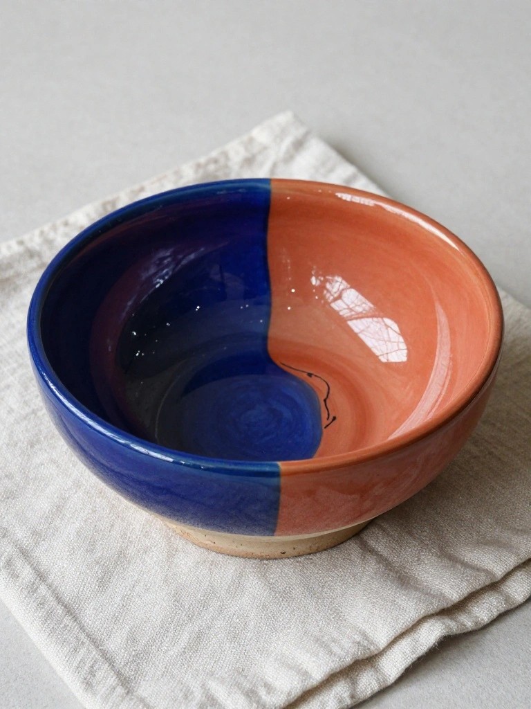 Handmade ceramic bowl with deep blue glaze on one half and orange on the other, divided by a curving line, on white cloth.