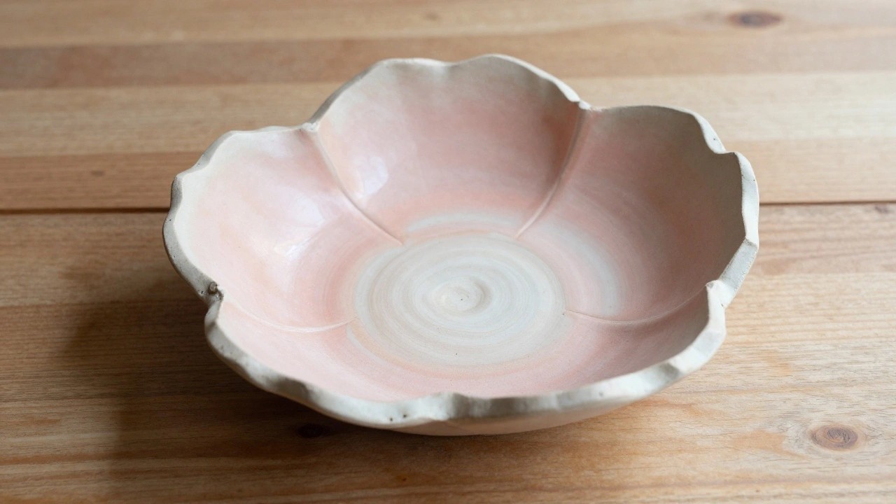 Handmade ceramic bowl with ruffled scalloped edges and pink-to-white gradient glaze on a wooden table.