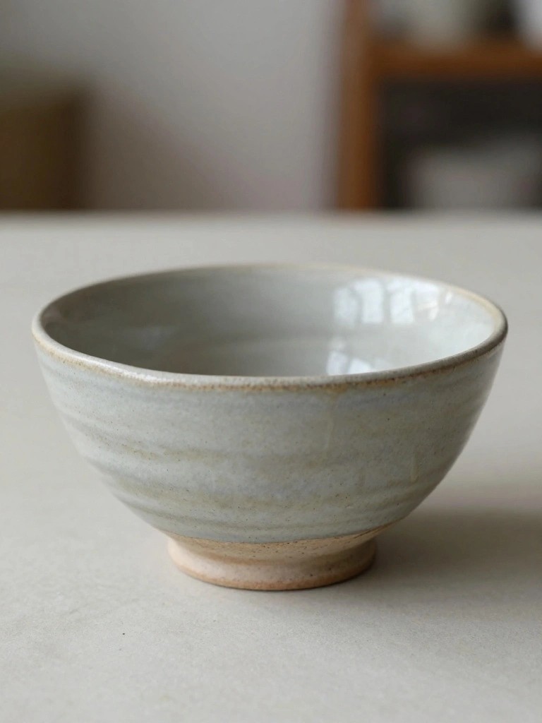 A small handmade gray ceramic bowl with glossy glaze sits on a white surface next to wooden shelves.
