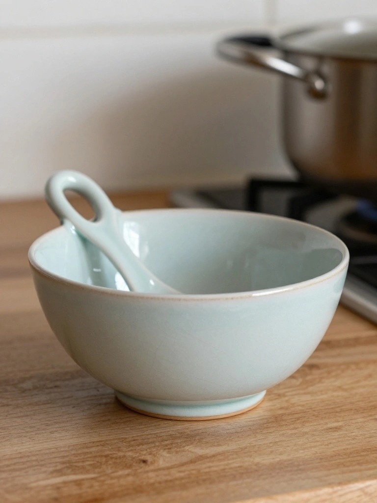 A light blue footed ceramic bowl with a matching spoon held in a looped side handle sits on a wooden counter near a stove.
