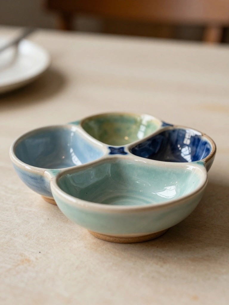 Handmade ceramic dish with four uneven blue-green glazed sections on a table next to utensils.