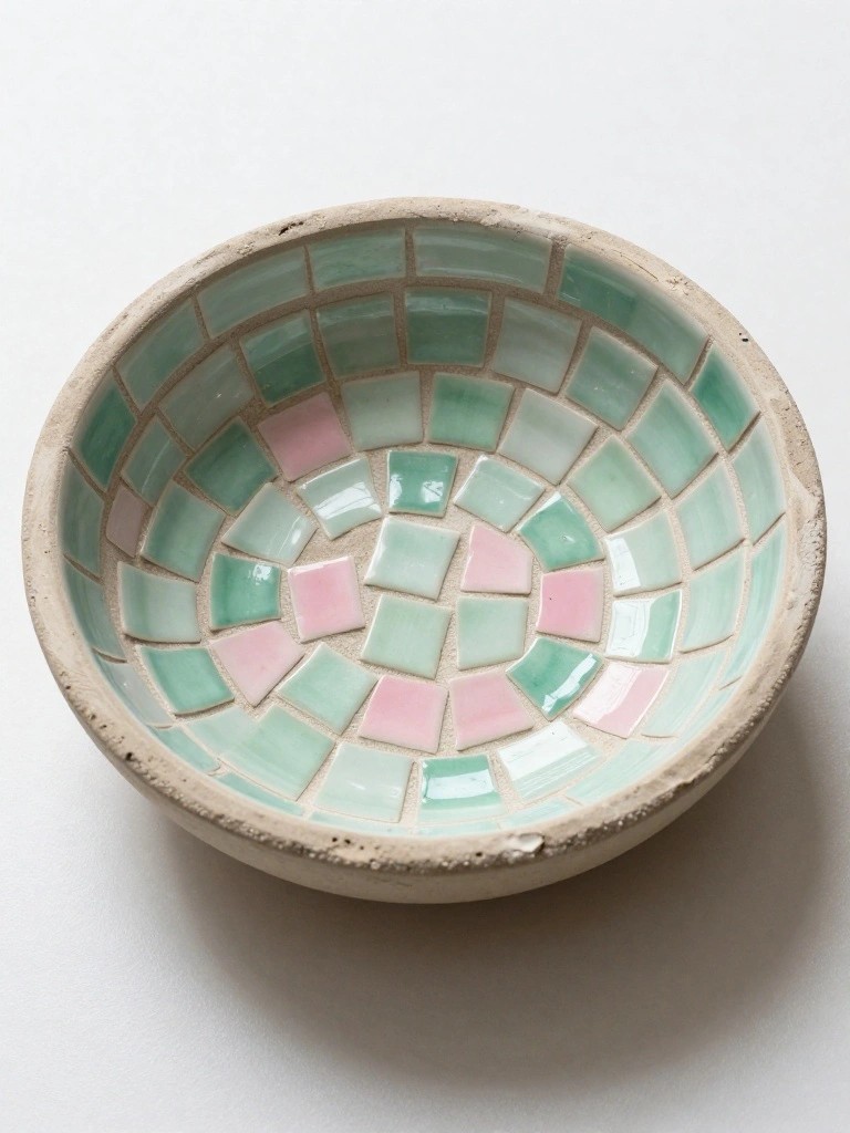 Shallow round handmade ceramic bowl with beige clay exterior and green and pink square mosaic tiles inside.