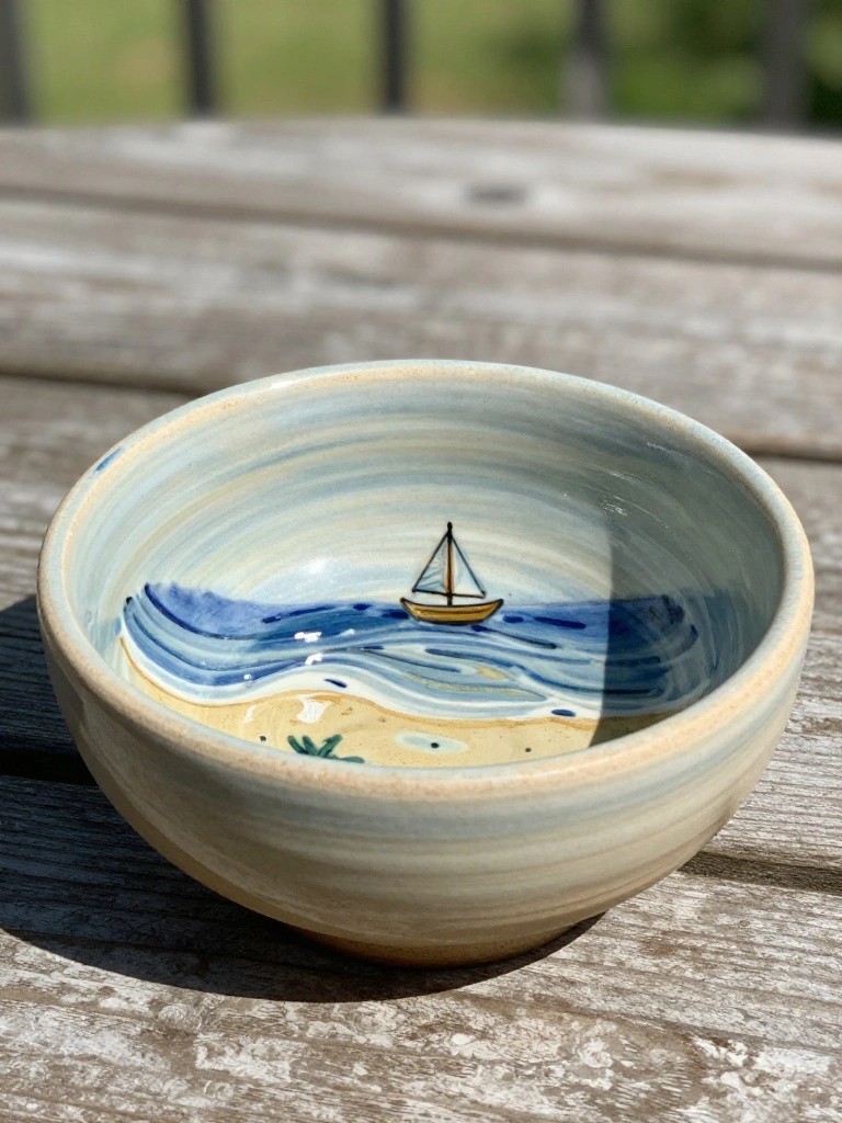 A shallow handmade ceramic bowl with swirling blue glaze outside and a painted interior scene of blue waves, a yellow sailboat, beige sand, and green palm tree.
