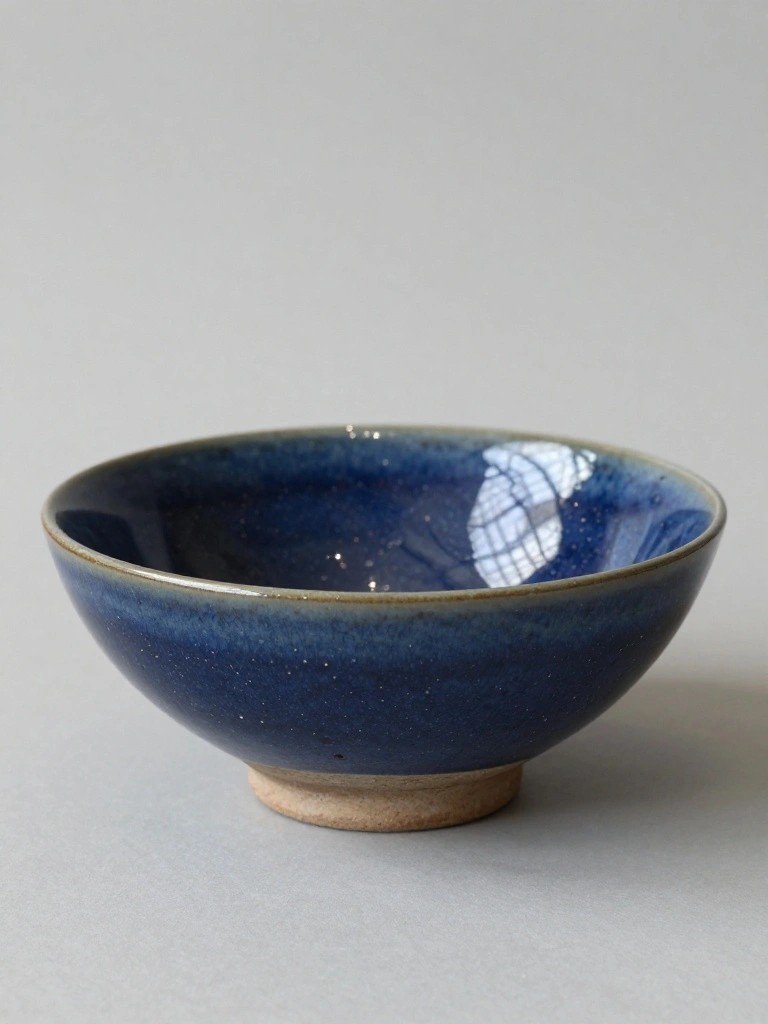 A wide shallow handmade ceramic bowl in deep indigo glaze with golden speckles, glossy finish, brown rim, and light wooden foot ring, placed on a light gray surface.