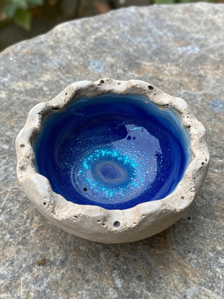 A small handmade ceramic bowl with rough textured beige exterior, ruffled edges, and shiny deep blue galaxy-glazed interior on a stone surface.
