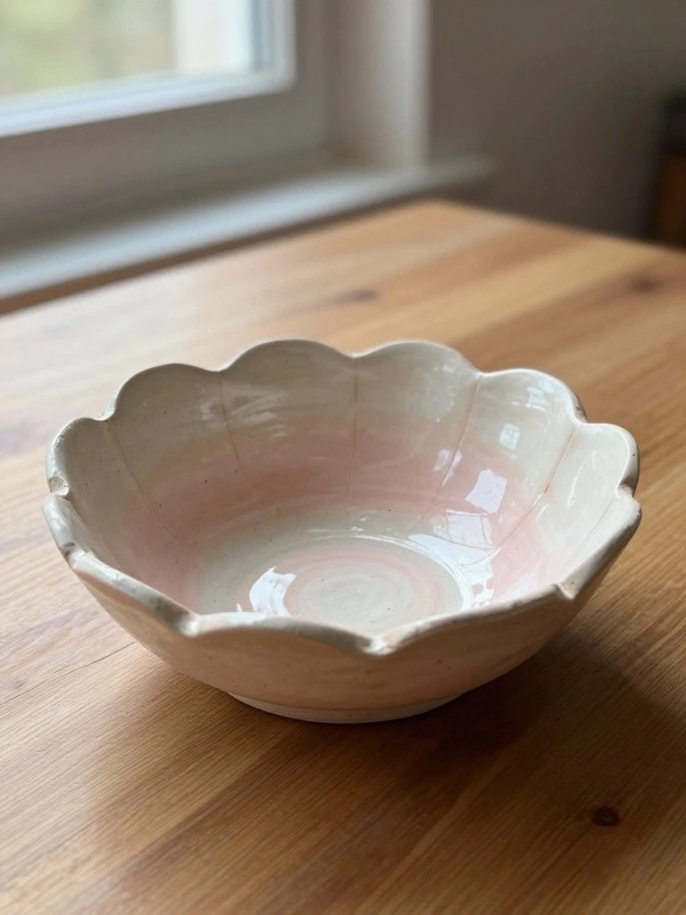 Handmade ceramic bowl with ruffled scalloped edges and pink-to-white gradient glaze on a wooden table.