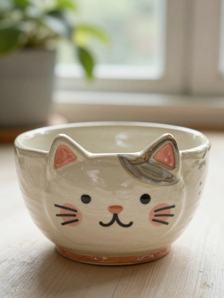 A small handmade white ceramic bowl shaped like a cat face with pink ear accents, gray ear patch, black whisker details, and a glossy finish on a wooden table.
